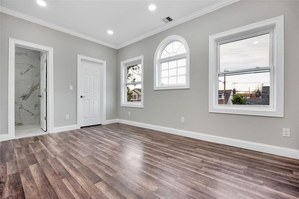 Empty room, Interior, Marble, Marble Walls, Recessed Lighting, Wood Texture Flooring