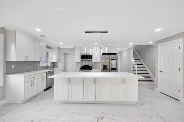 Interior, Kitchen, Marble, Pendant Lights, Recessed Lighting, Stainless Steel Appliances