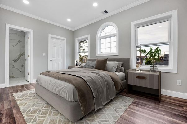 Bedroom, Interior, Marble Walls, Recessed Lighting, Wood Texture Flooring