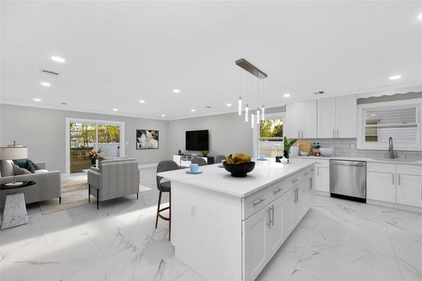 Interior, Kitchen, Living room, Marble, Pendant Lights, Recessed Lighting, Stainless Steel Appliances