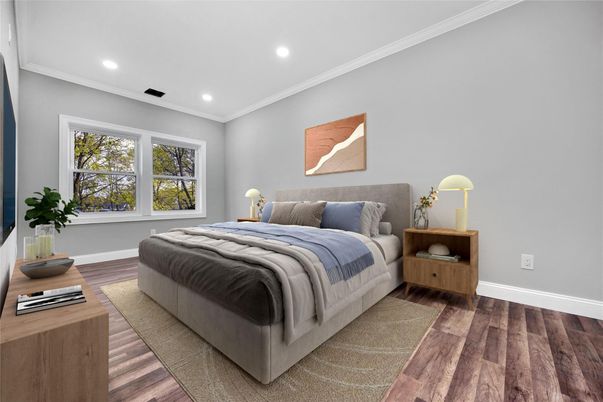 Bedroom, Interior, Recessed Lighting, Wood Texture Flooring