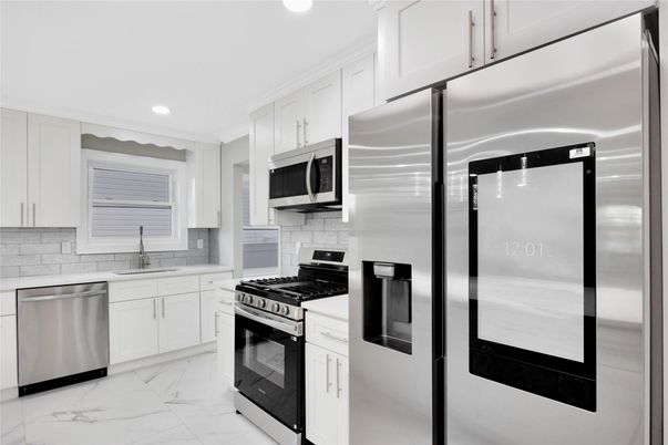 Interior, Kitchen, Marble, Recessed Lighting, Stainless Steel Appliances