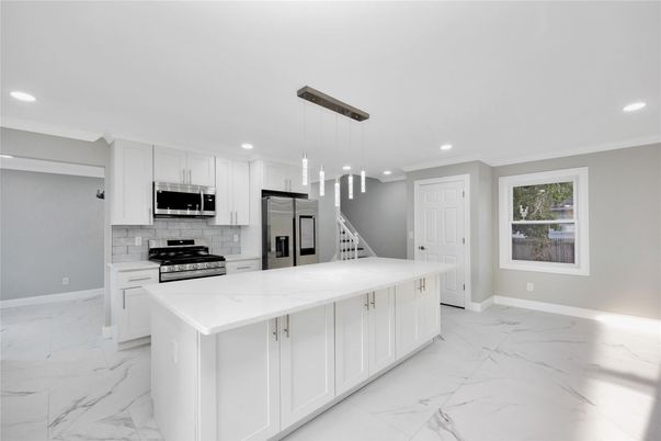 Interior, Kitchen, Marble, Pendant Lights, Recessed Lighting, Stainless Steel Appliances