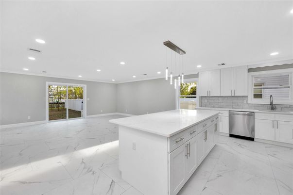 Interior, Kitchen, Marble, Pendant Lights, Recessed Lighting, Stainless Steel Appliances