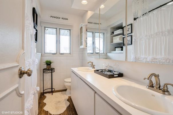 Bathroom, Dual Sink Vanities, Interior, Recessed Lighting, Wood Texture Flooring