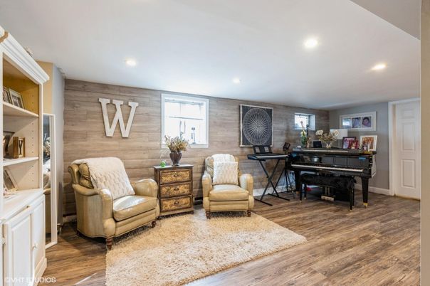 Interior, Piano, Recessed Lighting, Wood Texture Flooring, Wooden Walls