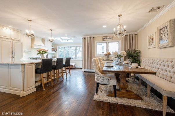 Chandelier, Dining room, Interior, Kitchen, Recessed Lighting, Wood Texture Flooring