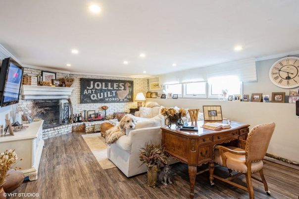 Fireplace, Home Office, Interior, Living room, Recessed Lighting, Wood Texture Flooring