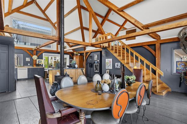 Dining room, Interior, Pendant Lights, Wooden Beams, Wood Texture Flooring