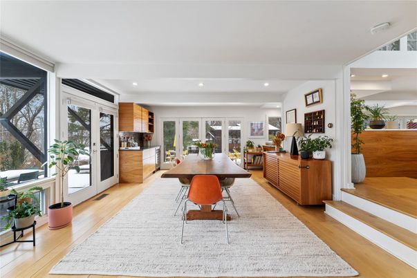 Dining room, Interior, Recessed Lighting, Wood Texture Flooring