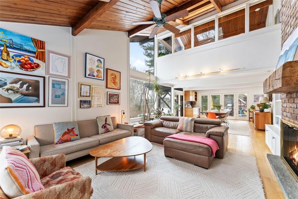 Dining room, Fireplace, Interior, Living room, Stone Walls, Wooden Beams, Wooden Ceilings, Wood Texture Flooring