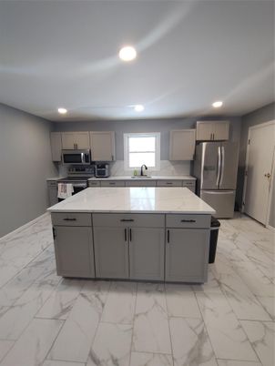 Interior, Kitchen, Marble, Recessed Lighting, Stainless Steel Appliances