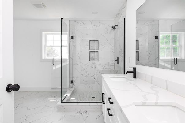 Bathroom, Glass Shower, Interior, Marble, Marble Walls, Recessed Lighting