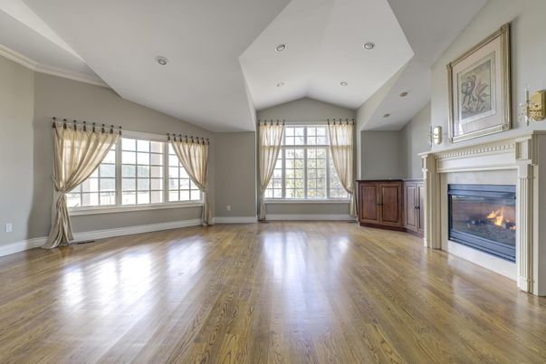 Empty room, Fireplace, Interior, Recessed Lighting, Wood Texture Flooring