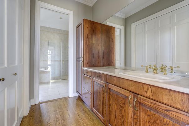 Bathroom, Glass Shower, Interior, Wood Texture Flooring