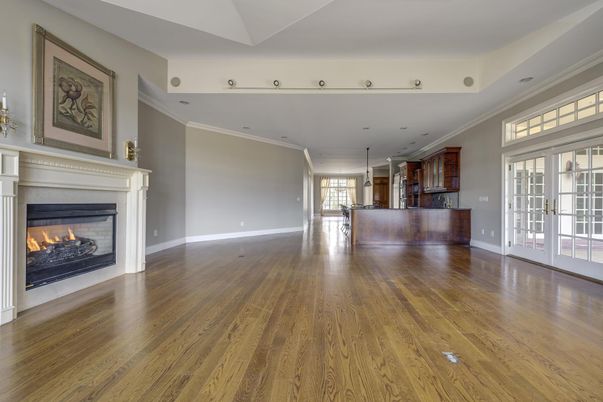Empty room, Fireplace, Interior, Pendant Lights, Wood Texture Flooring