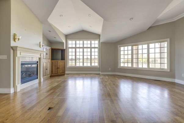 Empty room, Fireplace, Interior, Recessed Lighting, Wood Texture Flooring