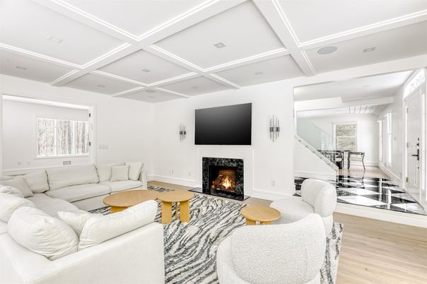 Fireplace, Interior, Living room, Recessed Lighting, Wood Texture Flooring