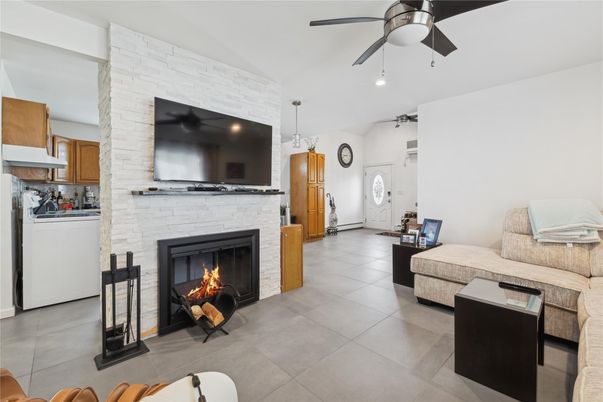 Fireplace, Interior, Kitchen, Pendant Lights, Recessed Lighting, Stone Walls