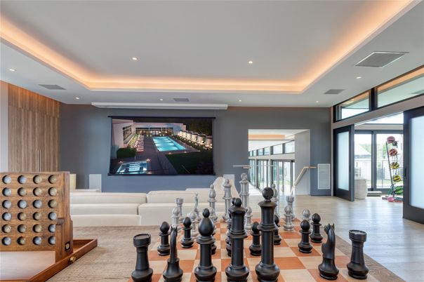 Interior, Projection Screen, Recessed Lighting, Theatre Room, Wood Texture Flooring