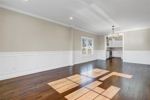 Chandelier, Empty room, Interior, Kitchen, Recessed Lighting, Wood Texture Flooring