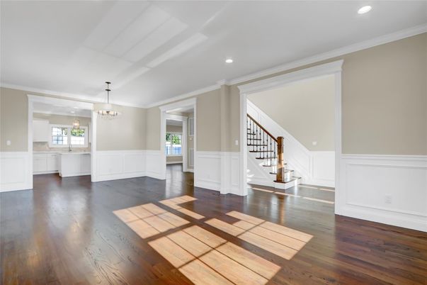 Chandelier, Empty room, Interior, Recessed Lighting, Wood Texture Flooring