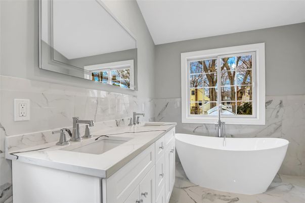 Bathroom, Dual Sink Vanities, Free Standing Baths, Interior, Marble, Marble Walls