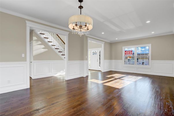 Chandelier, Empty room, Interior, Recessed Lighting, Wood Texture Flooring
