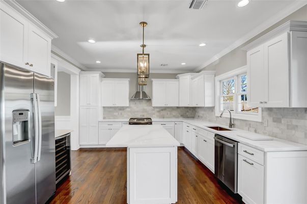 Interior, Kitchen, Pendant Lights, Recessed Lighting, Stainless Steel Appliances, Wood Texture Flooring