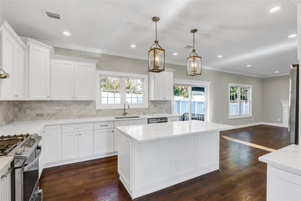 Interior, Kitchen, Pendant Lights, Recessed Lighting, Stainless Steel Appliances, Wood Texture Flooring