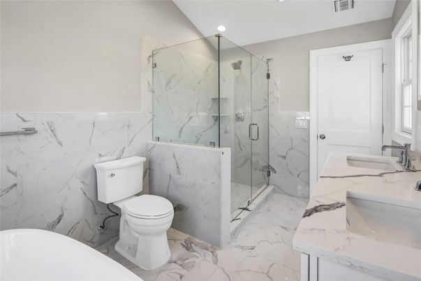 Bathroom, Glass Shower, Interior, Marble, Marble Walls, Recessed Lighting