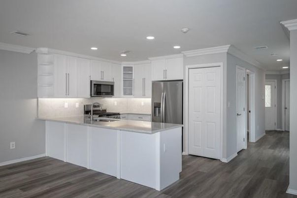 Interior, Kitchen, Recessed Lighting, Stainless Steel Appliances, Wood Texture Flooring