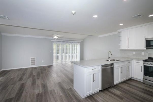 Interior, Kitchen, Recessed Lighting, Stainless Steel Appliances, Wood Texture Flooring