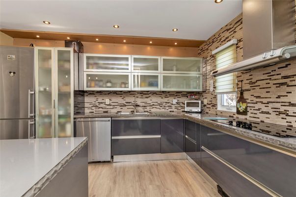 Interior, Kitchen, Recessed Lighting, Stainless Steel Appliances, Wood Texture Flooring