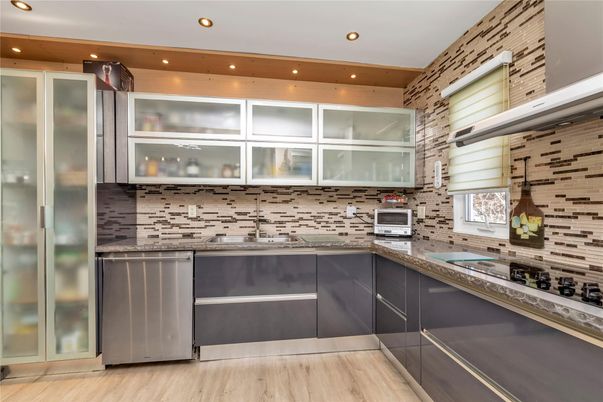 Interior, Kitchen, Recessed Lighting, Stainless Steel Appliances, Wood Texture Flooring