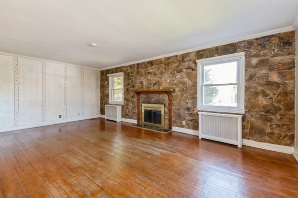 Empty room, Fireplace, Interior, Stone Walls, Wood Texture Flooring