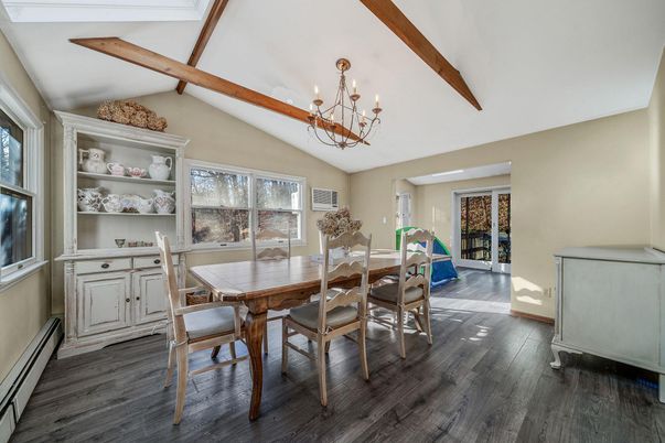 Chandelier, Dining room, Interior, Wooden Beams, Wood Texture Flooring