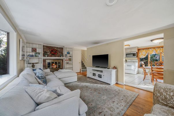 Dining room, Fireplace, Interior, Living room, Wood Texture Flooring