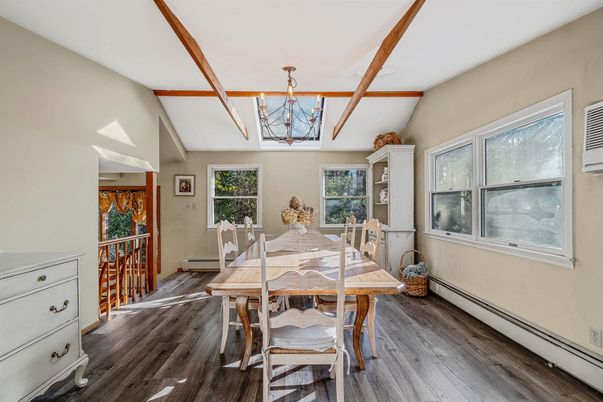 Chandelier, Dining room, Interior, Wooden Beams, Wood Texture Flooring