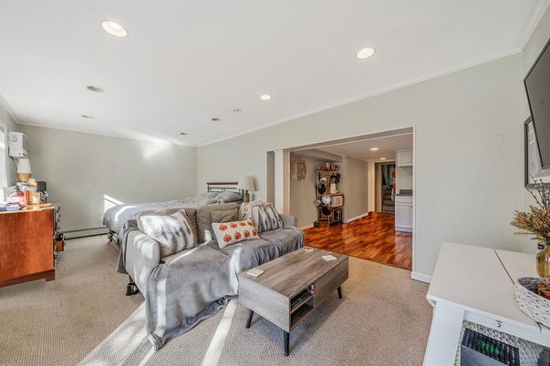 Bedroom, Interior, Living room, Recessed Lighting, Wood Texture Flooring