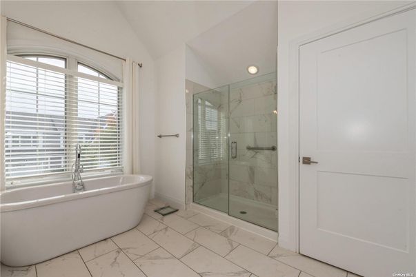 Bathroom, Free Standing Baths, Glass Shower, Interior, Marble, Marble Walls, Recessed Lighting