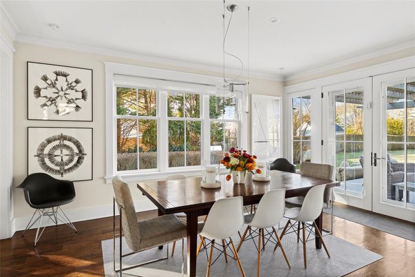 Dining room, Interior, Pendant Lights, Wood Texture Flooring