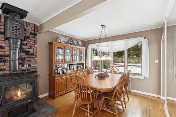 Dining room, Fireplace, Interior, Wood Texture Flooring