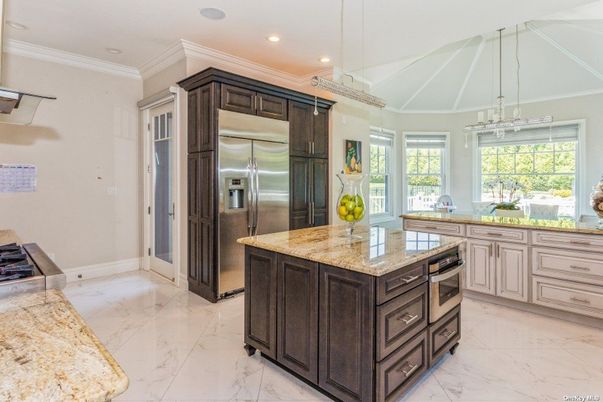 Interior, Kitchen, Marble, Pendant Lights, Recessed Lighting, Stainless Steel Appliances