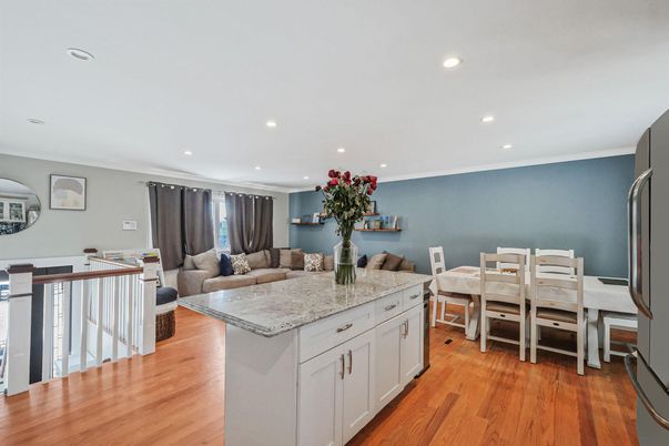 Dining room, Interior, Kitchen, Living room, Recessed Lighting, Wood Texture Flooring