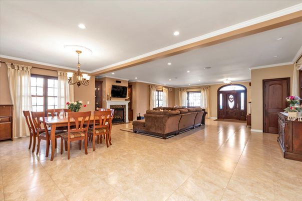 Chandelier, Dining room, Fireplace, Interior, Living room, Recessed Lighting