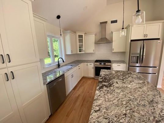 Interior, Kitchen, Pendant Lights, Stainless Steel Appliances, Wood Texture Flooring