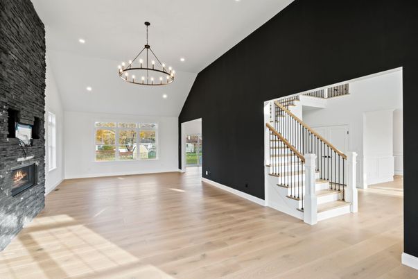 Chandelier, Fireplace, Interior, Pendant Lights, Recessed Lighting, Wood Texture Flooring
