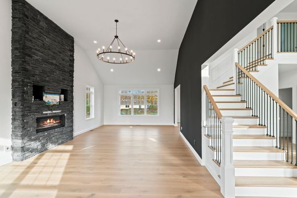 Chandelier, Fireplace, Interior, Recessed Lighting, Wood Texture Flooring