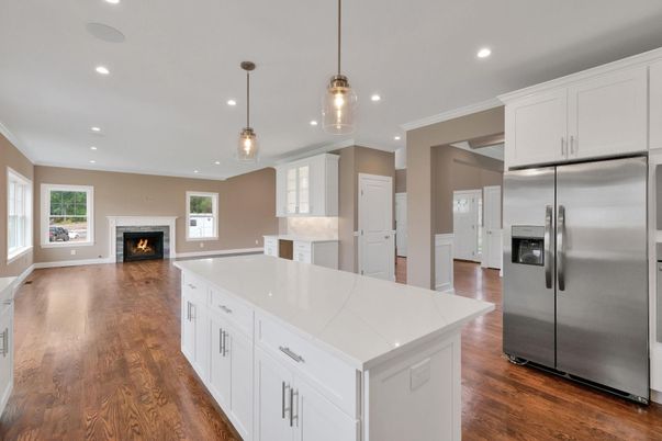 Fireplace, Interior, Kitchen, Pendant Lights, Recessed Lighting, Stainless Steel Appliances, Wood Texture Flooring